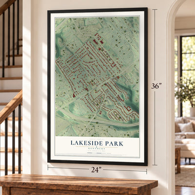 Lakeside Park, Kentucky map, 24 x 36 inch print in a black frame by a staircase