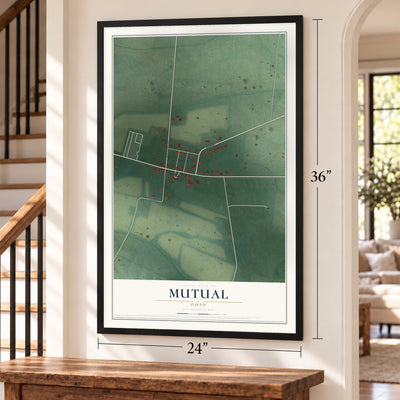 Mutual, Ohio map, 24 x 36 inch print in a black frame by a staircase