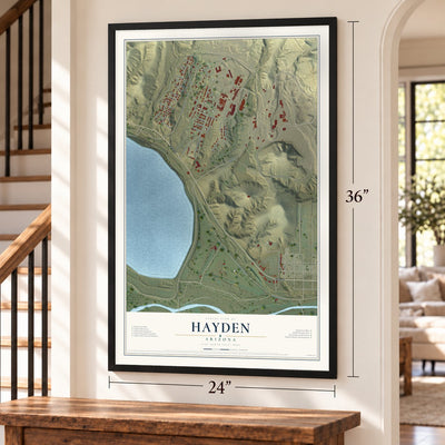 Hayden, Arizona map, 24 x 36 inch print in a black frame by a staircase