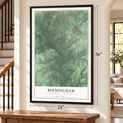 Birmingham, Chester County, Pennsylvania map, 24 x 36 inch print in a black frame by a staircase