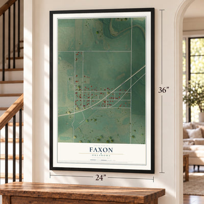 Faxon, Oklahoma map, 24 x 36 inch print in a black frame by a staircase