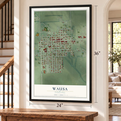 Wausa, Nebraska map, 24 x 36 inch print in a black frame by a staircase