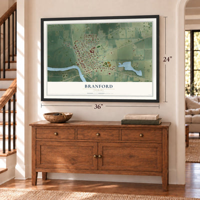 Branford, Florida map, 24 x 36 inch print in a black frame above a dresser by a staircase