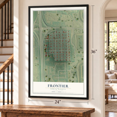 Frontier, North Dakota map, 24 x 36 inch print in a black frame by a staircase