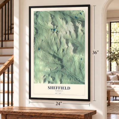 Sheffield, Vermont map, 24 x 36 inch print in a black frame by a staircase