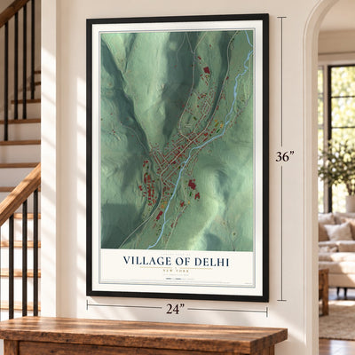 Village of Delhi, New York map, 24 x 36 inch print in a black frame by a staircase