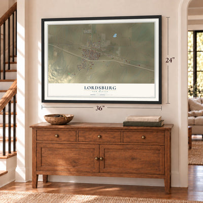 Lordsburg, New Mexico map, 24 x 36 inch print in a black frame above a dresser by a staircase