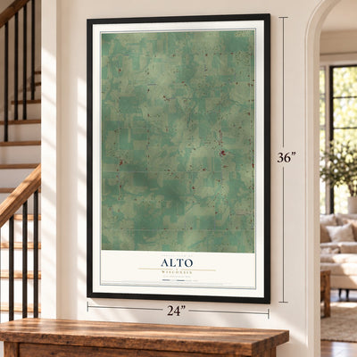 Alto, Wisconsin map, 24 x 36 inch print in a black frame by a staircase