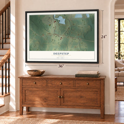 Deepstep, Georgia map, 24 x 36 inch print in a black frame above a dresser by a staircase