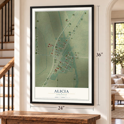 Alicia, Arkansas map, 24 x 36 inch print in a black frame by a staircase