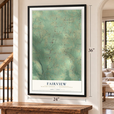 Fairview, Mercer County, Pennsylvania map, 24 x 36 inch print in a black frame by a staircase