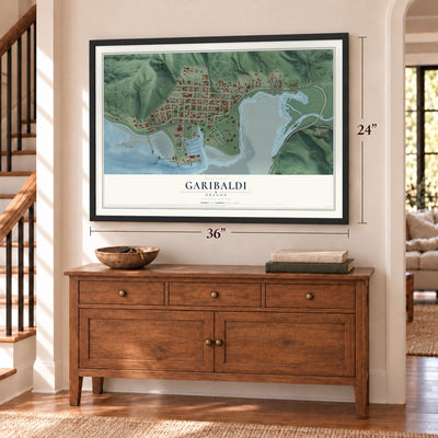 Garibaldi, Oregon map, 24 x 36 inch print in a black frame above a dresser by a staircase
