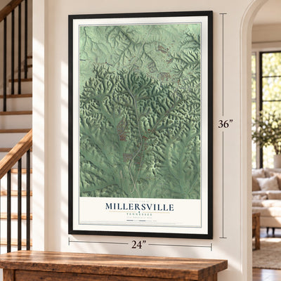 Millersville, Tennessee map, 24 x 36 inch print in a black frame by a staircase