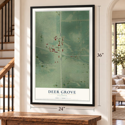 Deer Grove, Illinois map, 24 x 36 inch print in a black frame by a staircase