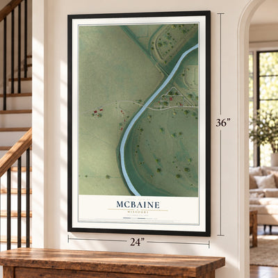 McBaine, Missouri map, 24 x 36 inch print in a black frame by a staircase