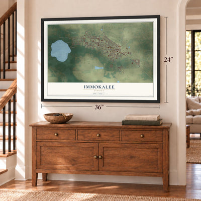 Immokalee, Florida map, 24 x 36 inch print in a black frame above a dresser by a staircase
