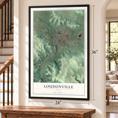 Loudonville, Ohio map, 24 x 36 inch print in a black frame by a staircase