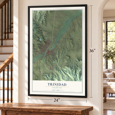 Trinidad, Colorado map, 24 x 36 inch print in a black frame by a staircase