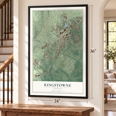 Kingstowne, Virginia map, 24 x 36 inch print in a black frame by a staircase