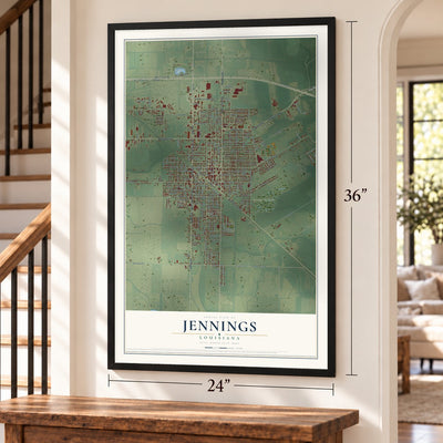 Jennings, Louisiana map, 24 x 36 inch print in a black frame by a staircase
