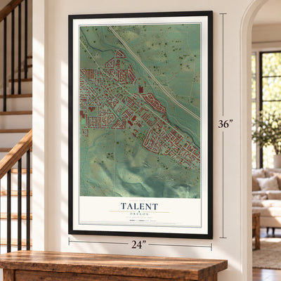 Talent, Oregon map, 24 x 36 inch print in a black frame by a staircase