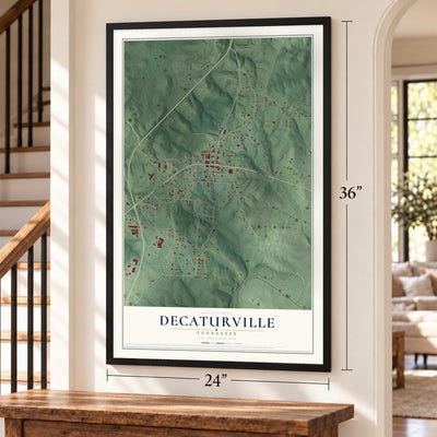 Decaturville, Tennessee map, 24 x 36 inch print in a black frame by a staircase