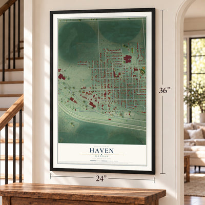 Haven, Kansas map, 24 x 36 inch print in a black frame by a staircase