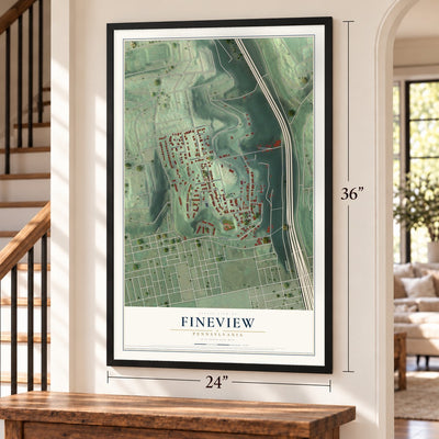 Fineview, Pennsylvania map, 24 x 36 inch print in a black frame by a staircase