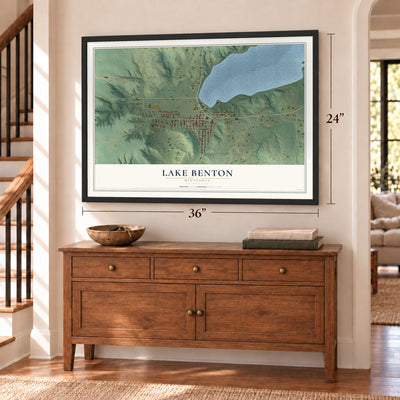 Lake Benton, Minnesota map, 24 x 36 inch print in a black frame above a dresser by a staircase