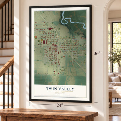Twin Valley, Minnesota map, 24 x 36 inch print in a black frame by a staircase
