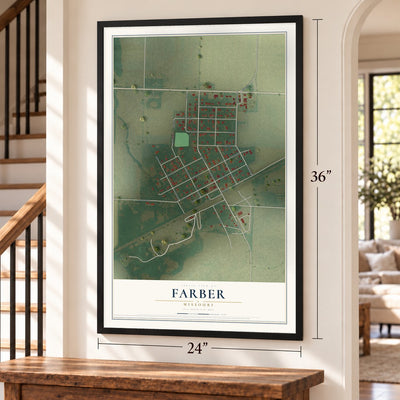 Farber, Missouri map, 24 x 36 inch print in a black frame by a staircase