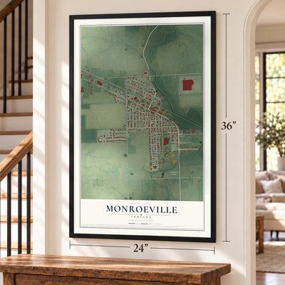 Monroeville, Indiana map, 24 x 36 inch print in a black frame by a staircase