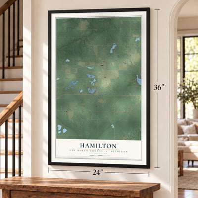 Hamilton, Van Buren County, Michigan map, 24 x 36 inch print in a black frame by a staircase