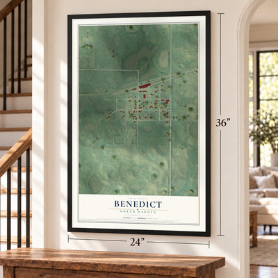 Benedict, North Dakota map, 24 x 36 inch print in a black frame by a staircase