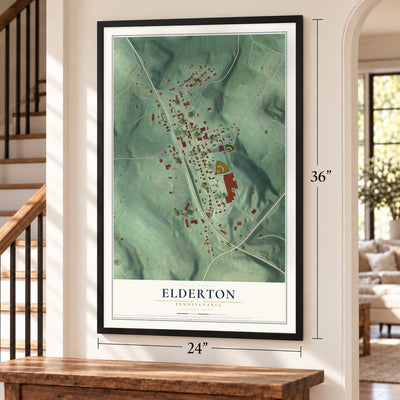 Elderton, Pennsylvania map, 24 x 36 inch print in a black frame by a staircase