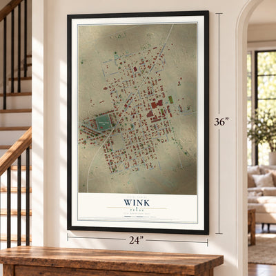 Wink, Texas map, 24 x 36 inch print in a black frame by a staircase