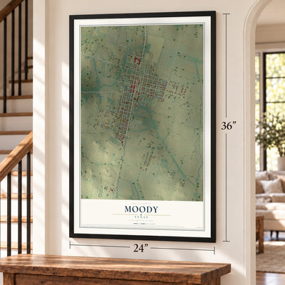 Moody, Texas map, 24 x 36 inch print in a black frame by a staircase