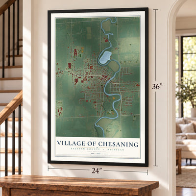 Chesaning, Michigan map, 24 x 36 inch print in a black frame by a staircase