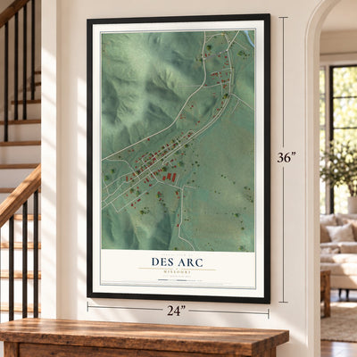 Des Arc, Missouri map, 24 x 36 inch print in a black frame by a staircase