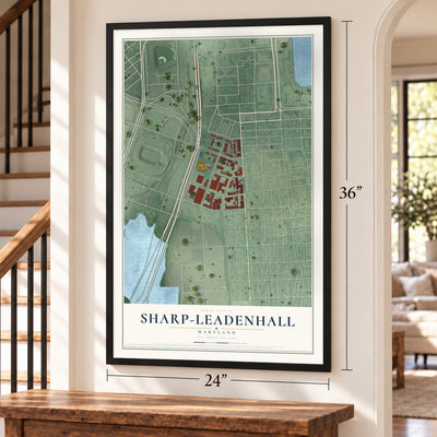 Sharp-Leadenhall, Maryland map, 24 x 36 inch print in a black frame by a staircase