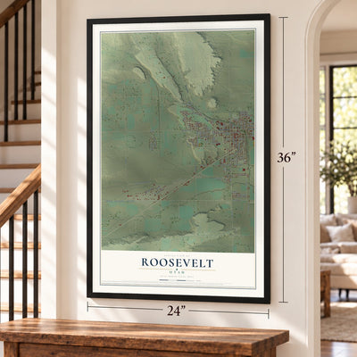 Roosevelt, Utah map, 24 x 36 inch print in a black frame by a staircase