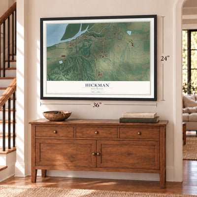 Hickman, Kentucky map, 24 x 36 inch print in a black frame above a dresser by a staircase
