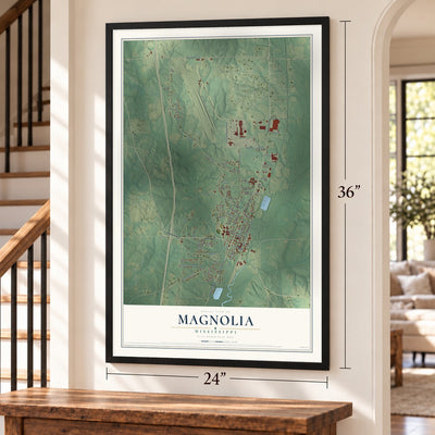 Magnolia, Mississippi map, 24 x 36 inch print in a black frame by a staircase