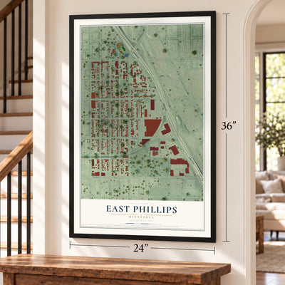 East Phillips, Minnesota map, 24 x 36 inch print in a black frame by a staircase