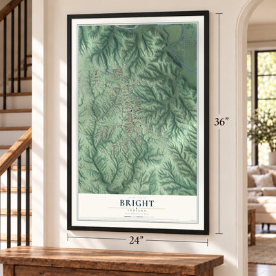 Bright, Indiana map, 24 x 36 inch print in a black frame by a staircase
