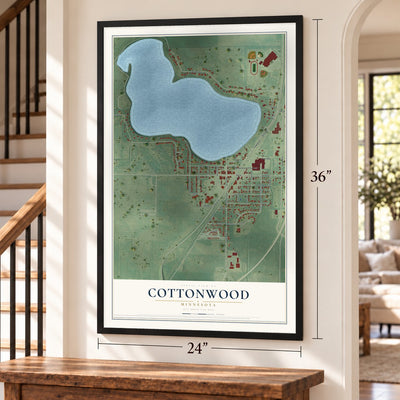 Cottonwood, Minnesota map, 24 x 36 inch print in a black frame by a staircase