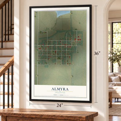 Almyra, Arkansas map, 24 x 36 inch print in a black frame by a staircase