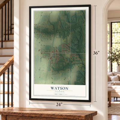 Watson, Illinois map, 24 x 36 inch print in a black frame by a staircase
