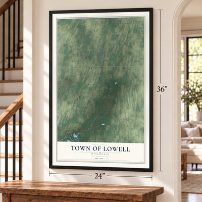 Town of Lowell, Wisconsin map, 24 x 36 inch print in a black frame by a staircase