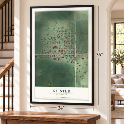 Kiester, Minnesota map, 24 x 36 inch print in a black frame by a staircase